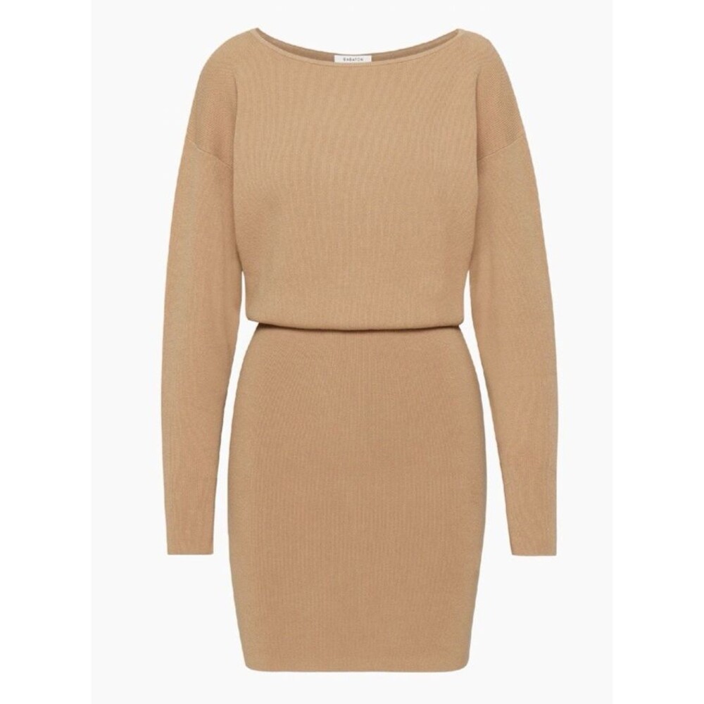 Aritzia Babaton Continent Dress S Gold Camel Boat Neck Dolman Knit Sweater Mini - Picture 15 of 16